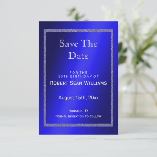Masculine Blue en Glitter Lijst 50th Birthday Save The Date (Staand voorkant)