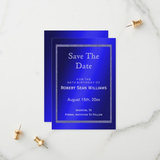 Masculine Blue en Glitter Lijst 50th Birthday Save The Date (Voorkant / Achterkant in situ)