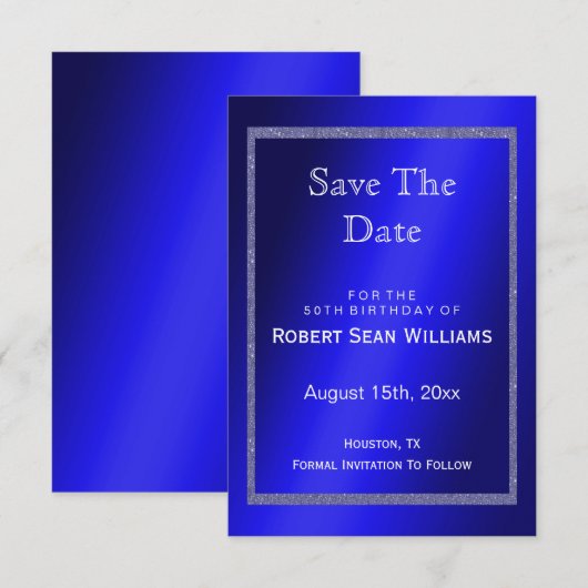 Masculine Blue en Glitter Lijst 50th Birthday Save The Date (Voorkant / Achterkant)
