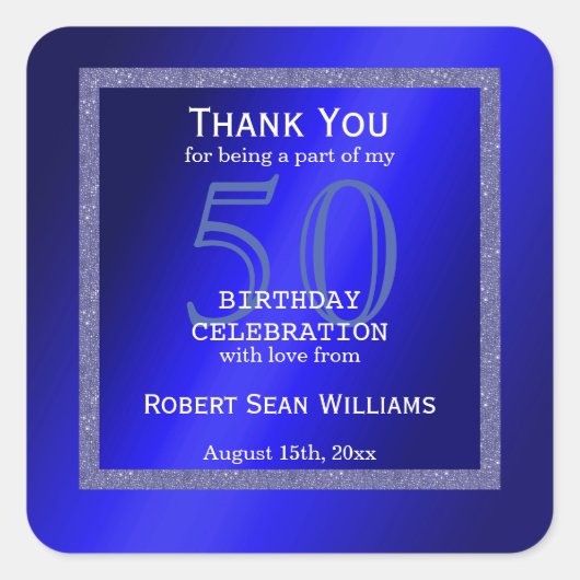 Masculine Blue en Glitter Lijst 50th Birthday Vierkante Sticker (Voorkant)