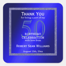 Masculine Blue en Glitter Lijst 50th Birthday Vierkante Sticker