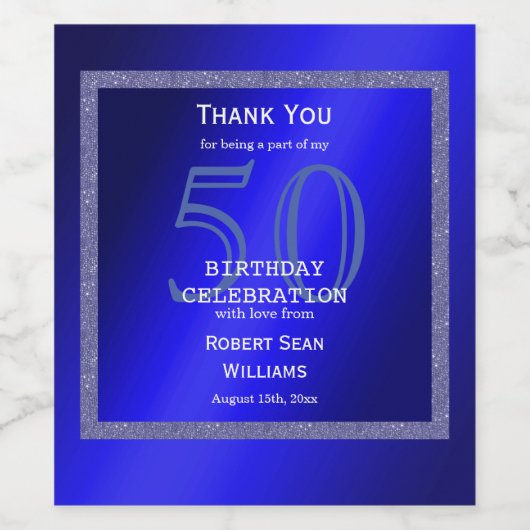 Masculine Blue en Glitter Lijst 50th Birthday Wijn Etiket (Enkel label)