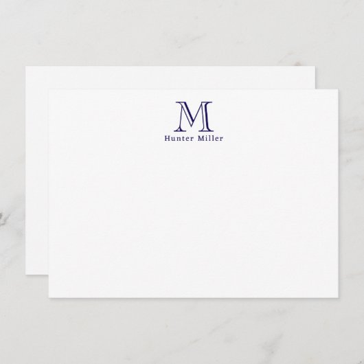 Masculine Blue Initiaal Monogram en Naam Flat Note (Voorkant / Achterkant)