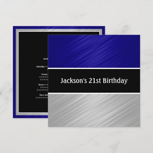 Masculine Blue Silver Stripes Party Kaart (Voorkant / Achterkant)