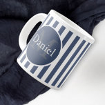 Masculine Blue Striped Personalized Monogrammen Grote Koffiekop<br><div class="desc">Masculine blue gestreepte monumentale gepersonaliseerde mok voor je om je te personaliseren ...  ontworpen in blauwe en witte kleuren is deze opvallende gigantische mok modern en stijlvol ...  en is eenvoudig aan te passen...  je drank in stijl hebben met Equal To Angels / Ricaso home draag producten</div>