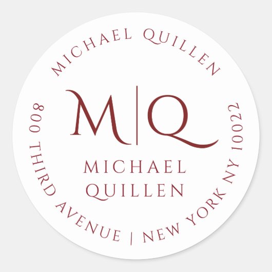 Masculine Burgundy Red Monogram Return Address Ronde Sticker (Voorkant)