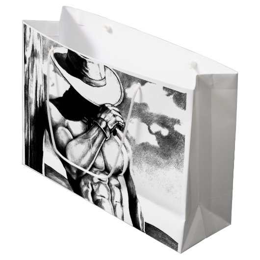 Masculine Cool Cowboy Bodybuilder Charcoal Drawing Groot Cadeauzakje (Voorkant Gekanteld)