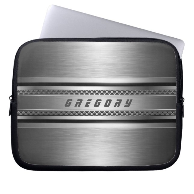 Masculine Faux Silver Grey Stripes Design Laptop Sleeve (Voorkant)