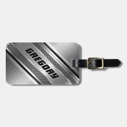 Masculine Faux Silver Stripes Design Monogramed 2 Bagagelabel (Voorkant horizontaal)