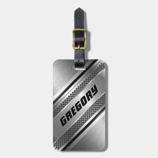 Masculine Faux Silver Stripes Design Monogramed 2 Bagagelabel (Voorkant verticaal)