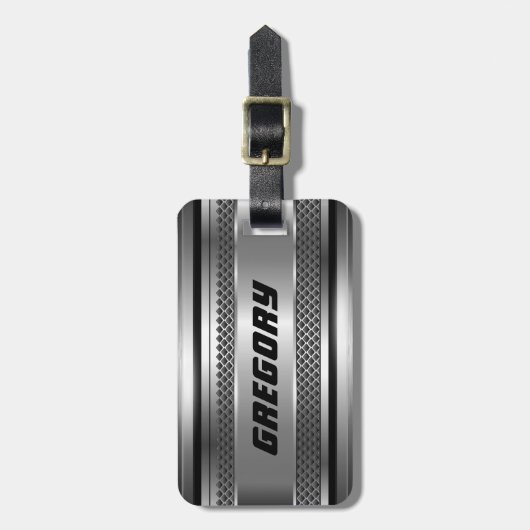 Masculine Faux Silver Stripes Design Monogramed Bagagelabel (Voorkant verticaal)