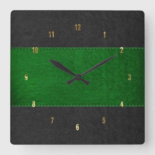Masculine Green & Black Stitched Leather Texture Vierkante Klok (Voorkant)