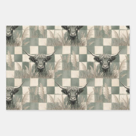 Masculine Grey Blue Checkered Highland Cow Inpakpapier Vel
