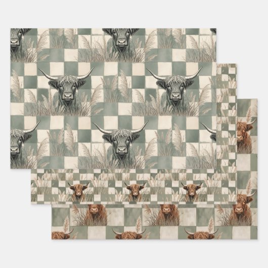 Masculine Grey Blue Checkered Highland Cow Inpakpapier Vel (Set)