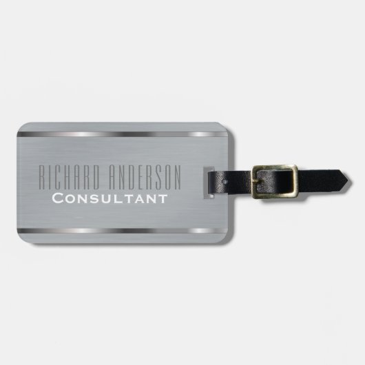Masculine Monogram Naam Executive Style Grey Metal Bagagelabel (Voorkant horizontaal)