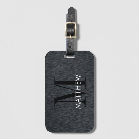 Masculine Monogram Script Black, geborsteld metaal Bagagelabel (Voorkant (verticaal))