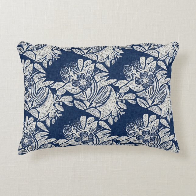 Masculine Navy Blue Effect Indigo Bloemen overal Accent Kussen (Voorkant)