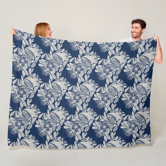 Masculine Navy Blue Effect Indigo Bloemen overal Fleece Deken (In situ)