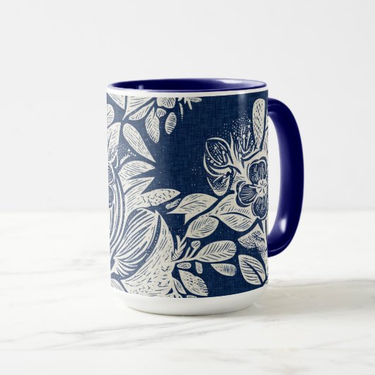 Masculine Navy Blue Effect Indigo Bloemen overal Mok (Voorkant rechts)