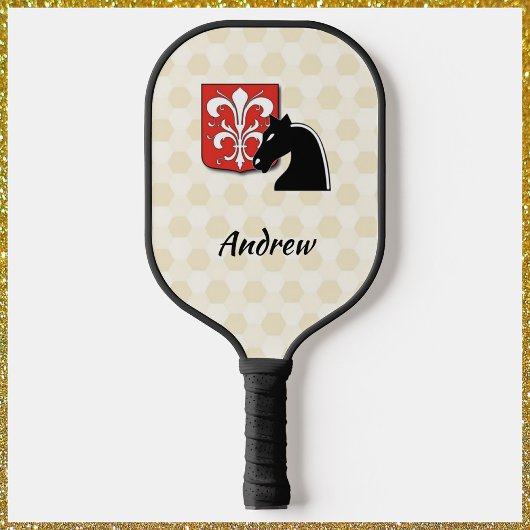 Masculine Red en Black Knight Shield and Horse Pi Pickleball Paddle