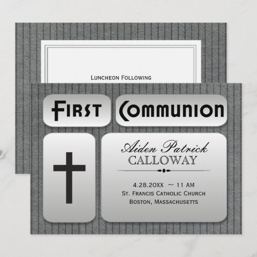 Masculine Silver Gray Pinstripes First Commune Kaart (Voorkant / Achterkant)