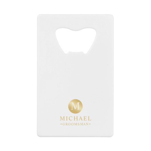 Masculine White en Gold Personalized Groomsmen Creditkaart Flessenopener (Voorkant)