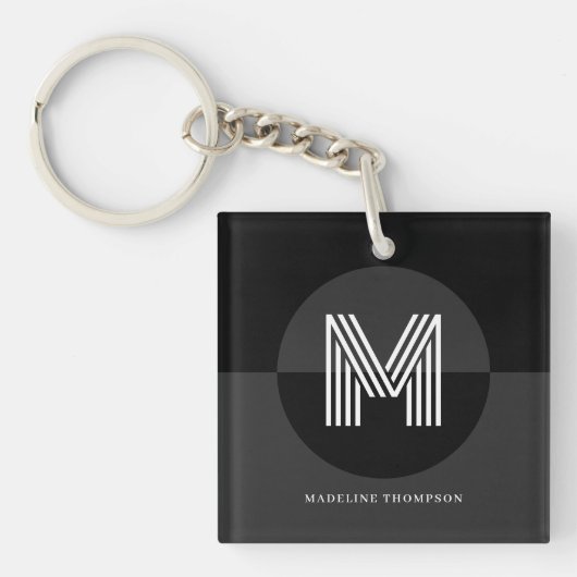 Masculine Zwart Grijs Geometrisch Modern Monogram Sleutelhanger (voorkant)