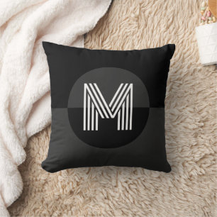Masculine Zwart Wit Geometrisch Modern Monogram Kussen