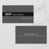 masculine zwarte streep monogrammen op donkergrijs visitekaartje (Voorkant / Achterkant)