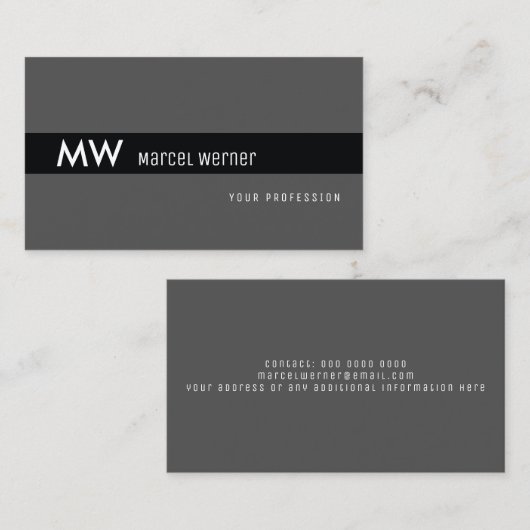 masculine zwarte streep monogrammen op donkergrijs visitekaartje (Voorkant / Achterkant)