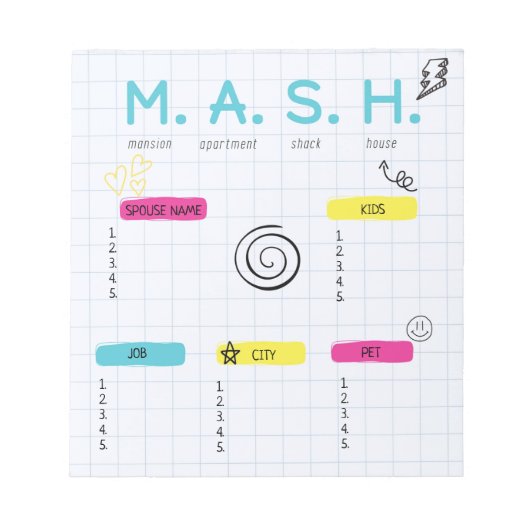 MASH-spel, 90s-feestcadeau Notitieblok (Voorkant)