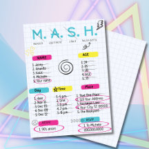 MASH spel, jaren '90 Party uitnodiging