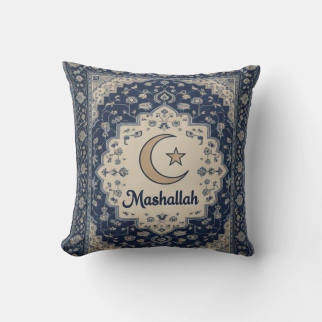 Mashallah blauwe gedrukte kussen Ramadan decoratie (Voorkant)