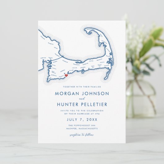 Mashpee Cape Cod Navy Blauw Minimalistische bruilo Kaart (Staand voorkant)