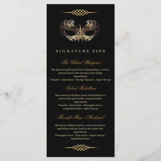 Mask Black Gold 50th Masquerade Birthday  Menu (Voorkant)