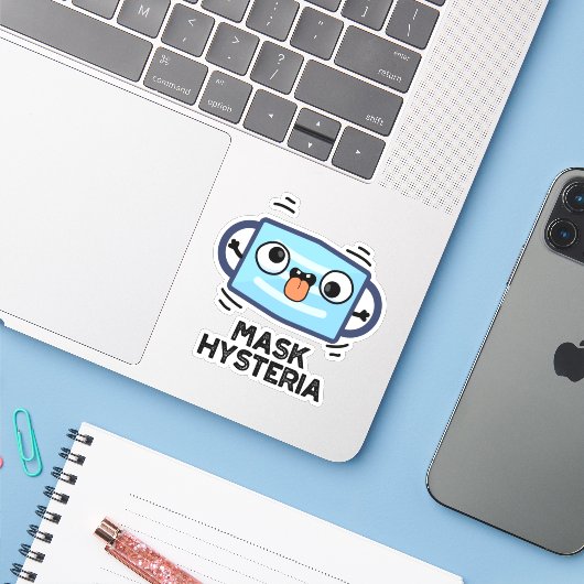 Mask Hysteria Funny Mask Pun Sticker (Laptop met iPhone)