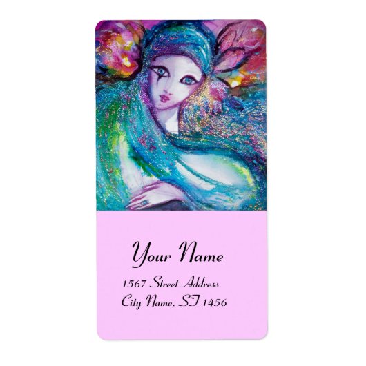 MASK IN BLAUW, roze Etiket (Voorkant)