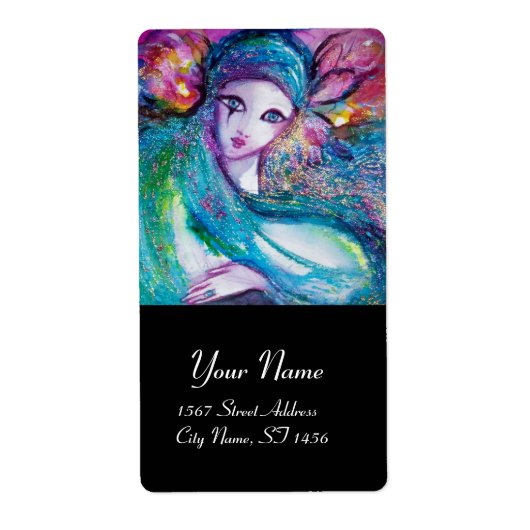 MASK IN BLAUW, roze zwart Etiket (Voorkant)