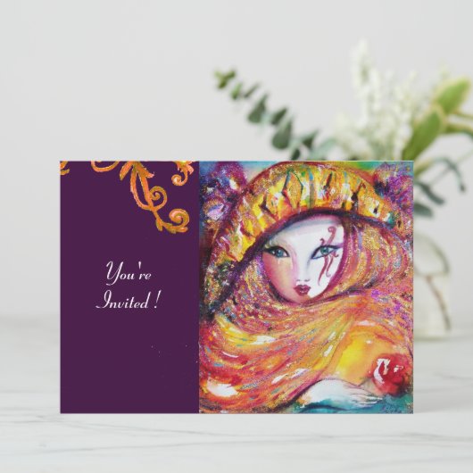 MASK IN GEEL, MARDI GRAS PARTIJ paars rood violet Kaart (Staand voorkant)