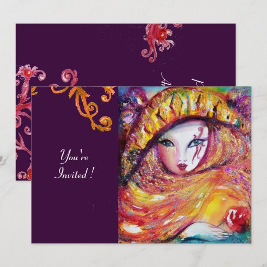 MASK IN GEEL, MARDI GRAS PARTIJ paars rood violet Kaart (Voorkant / Achterkant)