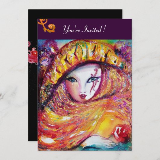 MASK IN GEEL, MARDI GRAS PARTIJ paars rood violet Kaart (Voorkant / Achterkant)