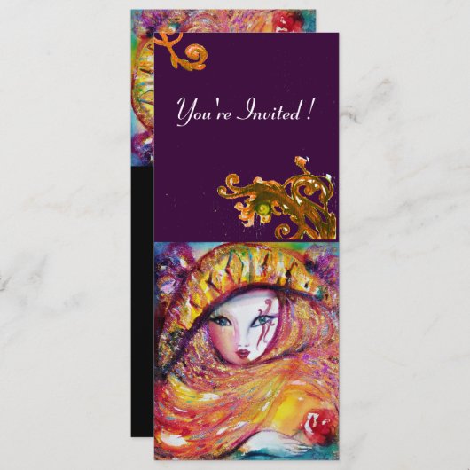 MASK IN GEEL, MARDI GRAS PARTIJ zwart paars rood Kaart (Voorkant / Achterkant)