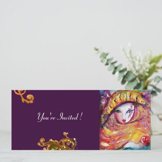 MASK IN GEEL, MARDI GRAS PARTIJ zwart paars rood Kaart (Staand voorkant)