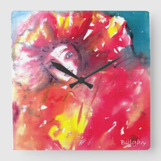 MASK IN RED / Venetian Masquerade Ball, geel Vierkante Klok (Voorkant)