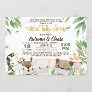 Masked Animal Virtual Baby shower Invitation Kaart