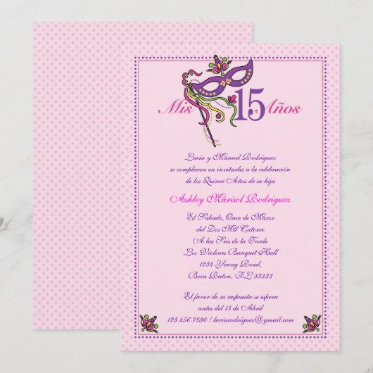 Masker 15 Uitnodiging Quinceañera (Voorkant / Achterkant)