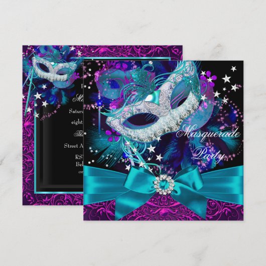 Masker Feest Uitnodiging Met Glitters En Strik (Voorkant / Achterkant)