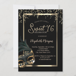 Masker,Frame,Confetti Masquerade Sweet 16 Kaart