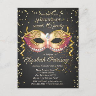 Masker, Gouden Diamanten Masquerade Sweet 16 Uitnodiging Briefkaart
