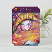 MASKER IN GEEL, MARDI GRAS FEest  paars rood viole Kaart (Staand voorkant)